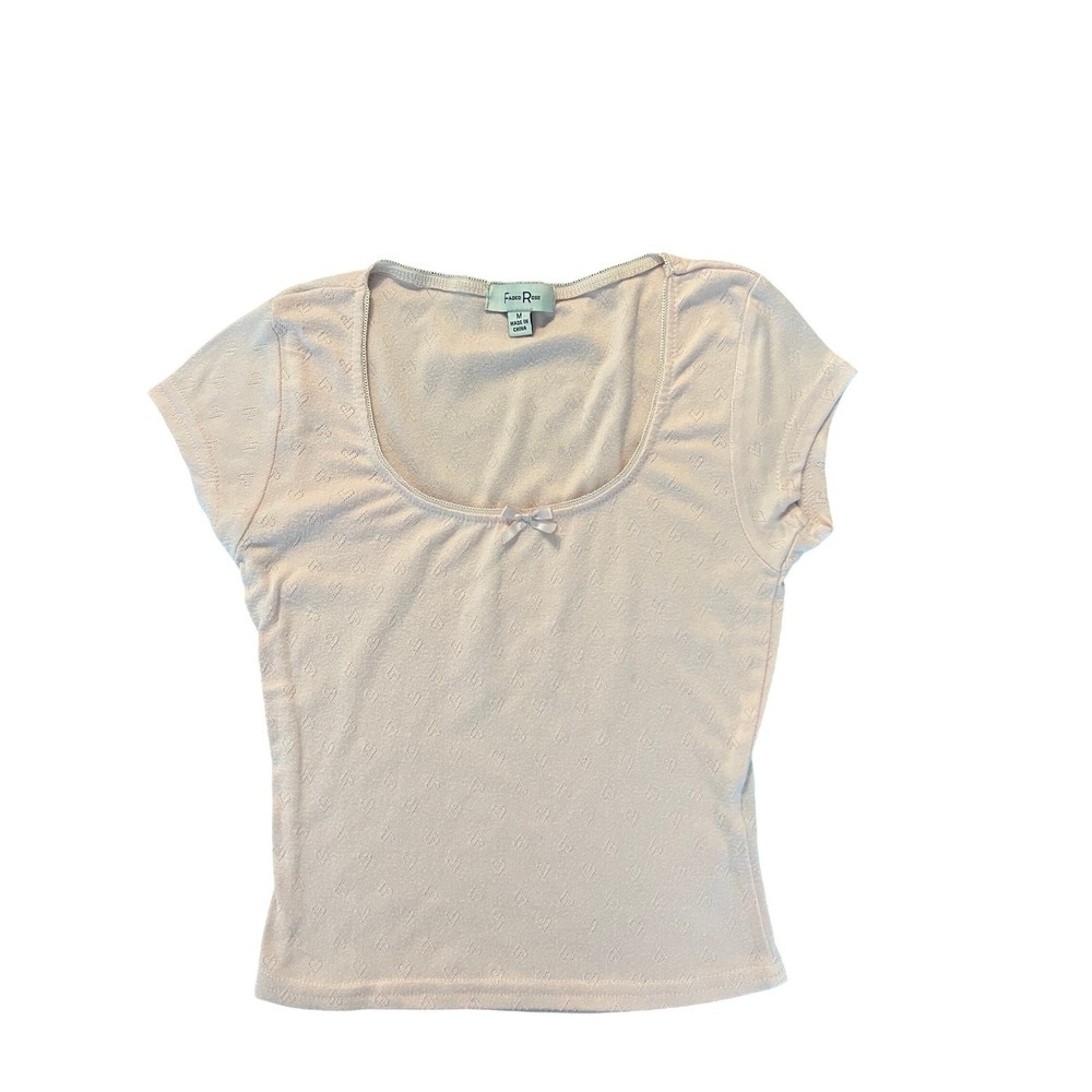 Faded Rose Pink Heart Pointelle Scoop Neck Top Short Sleeve Coquette M (0950)